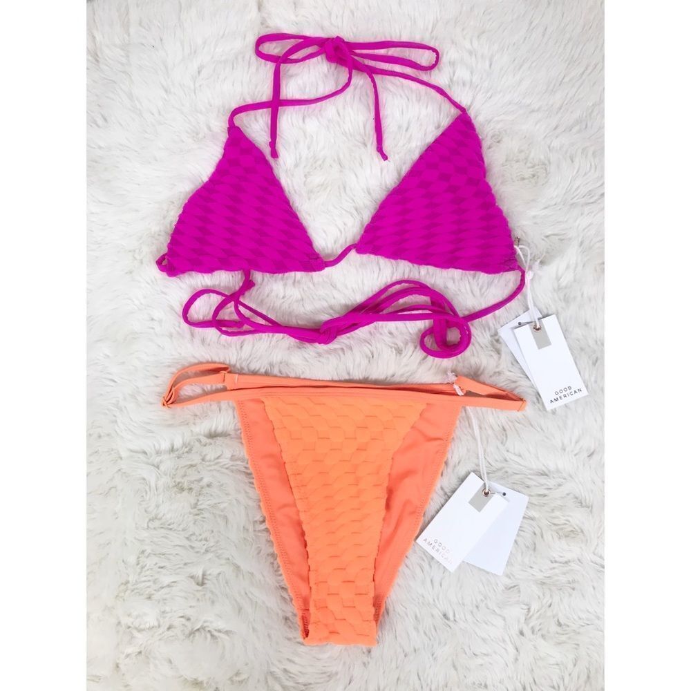 GOOD AMERICAN Triangle String Bikini Fuchsia Pink‎ Neon Orange Small Large New